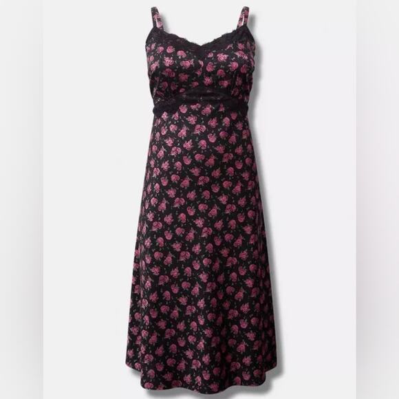 torrid Dresses & Skirts - Torrid Rose Print Tea Length Woven Jacquard Lace Trim Cami Dress, sz 1